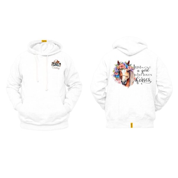 Ligosta Cowboy, Horse Lover Collection Hoodie, Unisex Hoodie with "Just a Girl Who Loves Horses" Quote and Horse with Floral Crown Design - Image 3