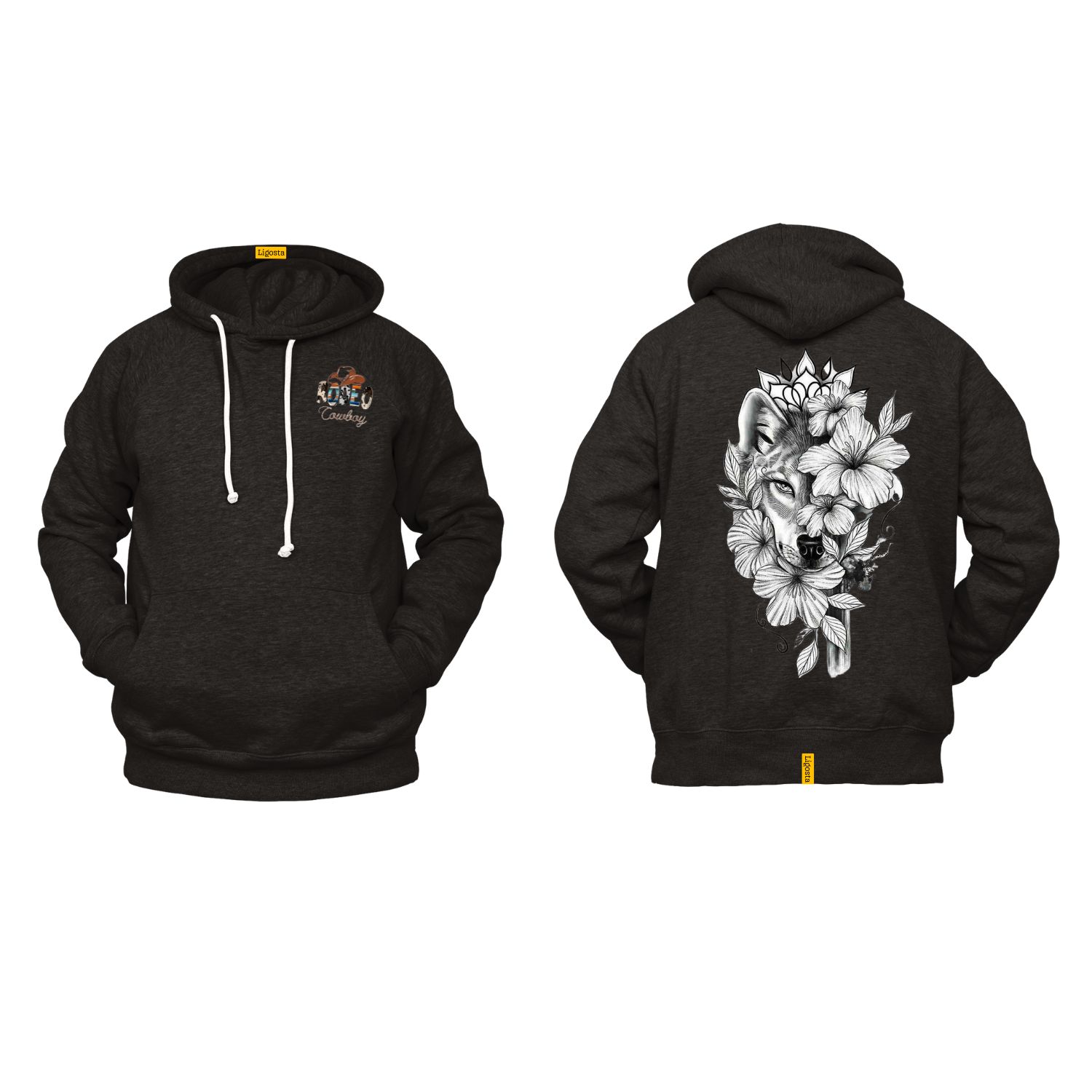 Ligosta Cowboy, Wolf Bloom Collection Hoodie, Unisex Hoodie Featuring Wolf and Hibiscus Design, Perfect For Nature and Wild Spirit Lovers