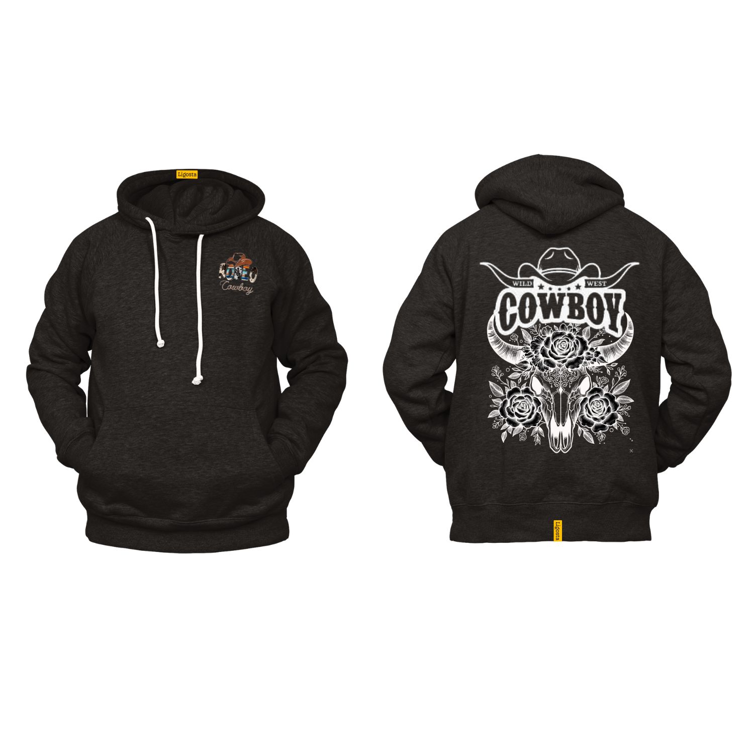 Ligosta Cowboy, Wild West Collection Hoodie, Unisex Hoodie Featuring Bold Bull Skull and Floral Art, Perfect for Western Style Lovers 045