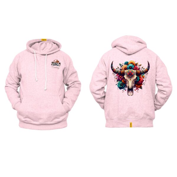 Ligosta Cowboy Collection Hoodie, Unisex Hoodie with Colorful Floral Skull and Bull Horns Design, Style 058 - Image 4