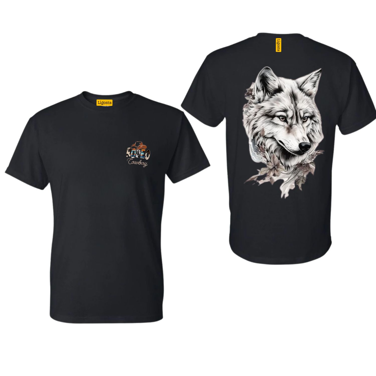 Ligosta Cowboy, Wild Spirit Collection T-Shirt, Unisex T-Shirt Featuring Majestic Wolf Portrait with Foliage, Perfect For Wilderness Lovers
