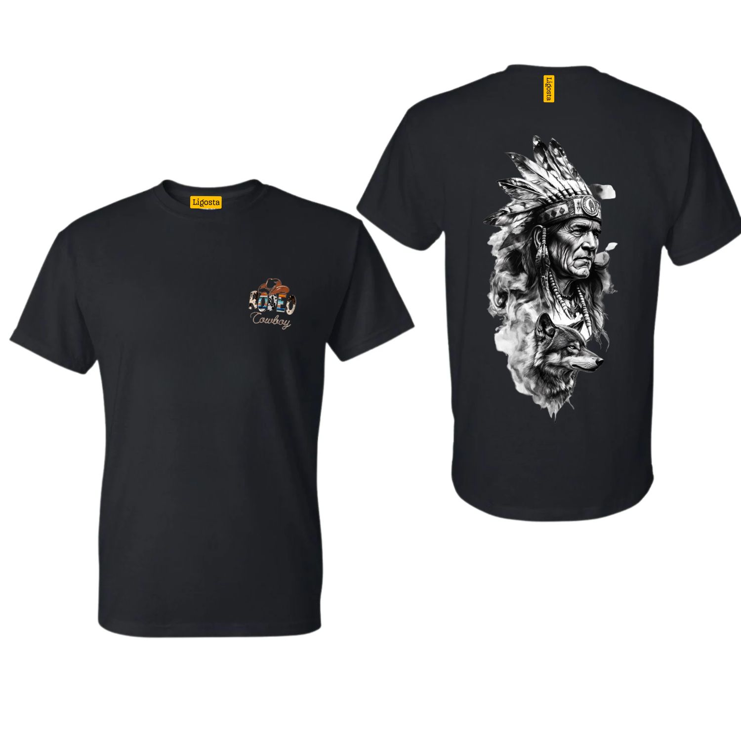 Ligosta Cowboy, Heritage Collection T-Shirt, Unisex T-Shirt Featuring Chief With Wolf Companion, Perfect For Culture Enthusiasts 091