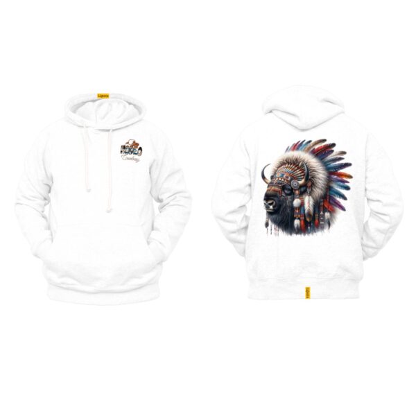 Ligosta Cowboy Collection Hoodie, Unisex Hoodie featuring a Majestic Bison with Native Feather Headdress Design, Style 059 - Image 3