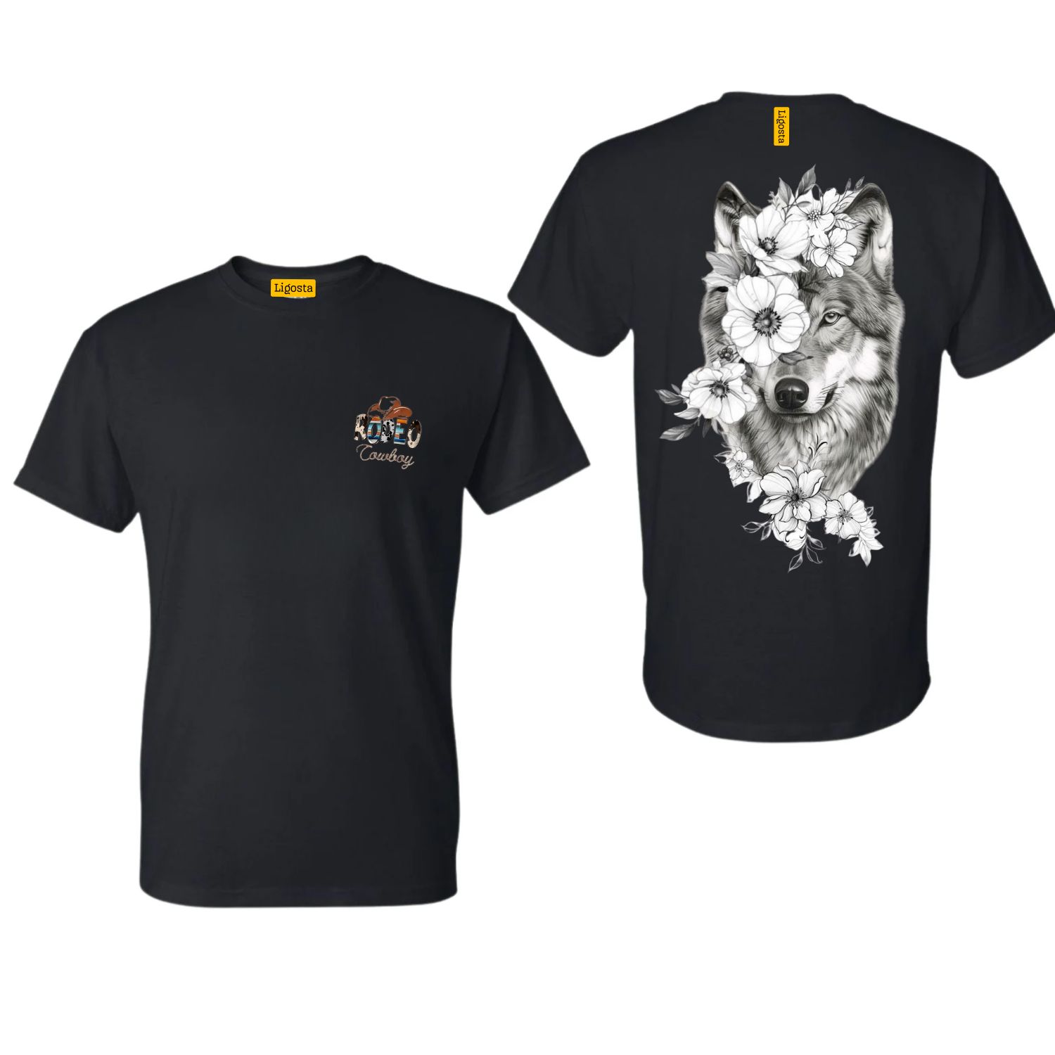 Ligosta Cowboy, Wild Harmony Collection T-Shirt, Unisex T-Shirt Featuring Wolf with Blossoming Floral Design, Nature and Wildlife Lovers 73