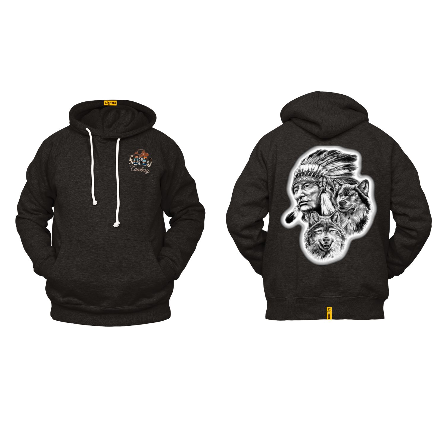 Ligosta Cowboy, Tribal Heritage Collection Hoodie, Unisex Hoodie Featuring Chief and Wolf Spirit Design, Nature Lovers and Free Spirits 064