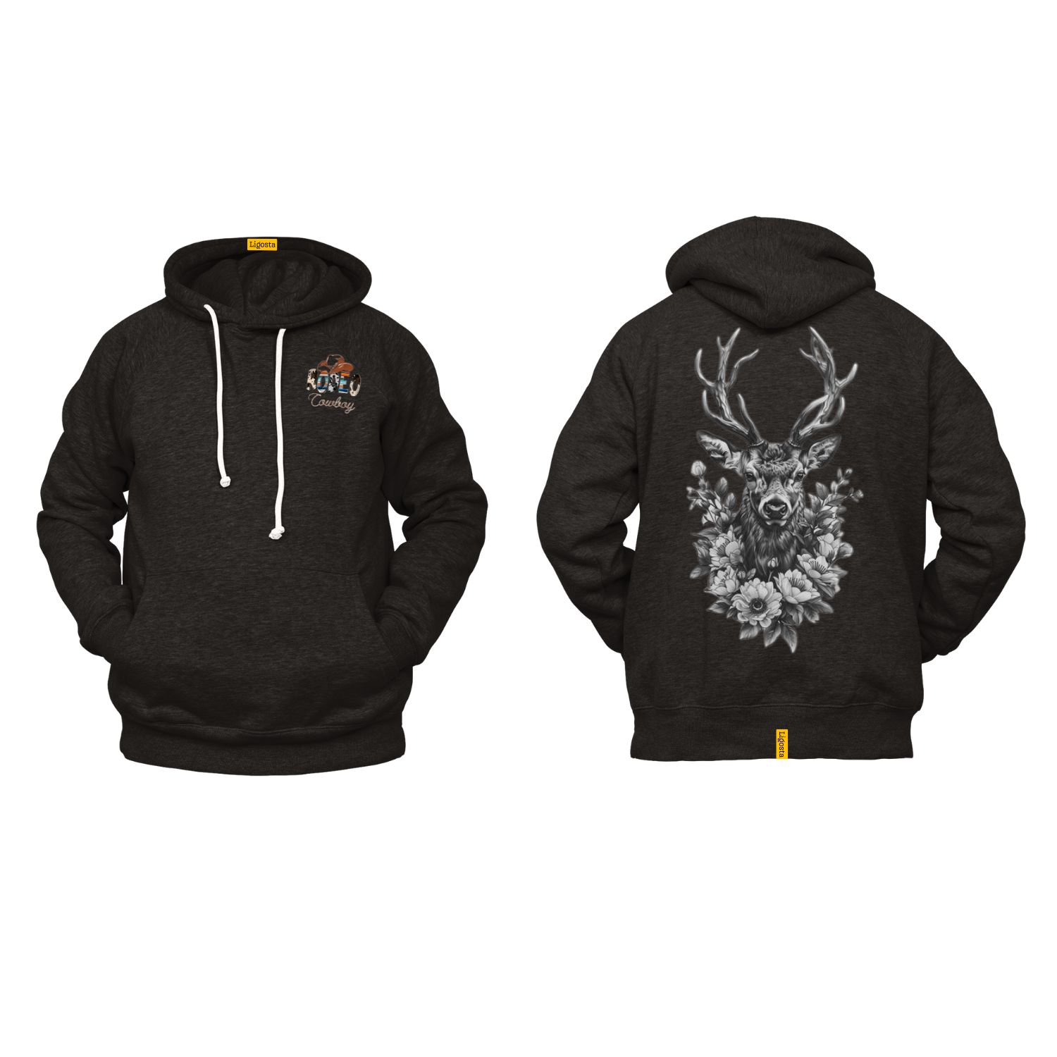 Ligosta Cowboy, Woodland Majesty Collection Hoodie, Unisex Hoodie Featuring Regal Deer and Floral Design 072