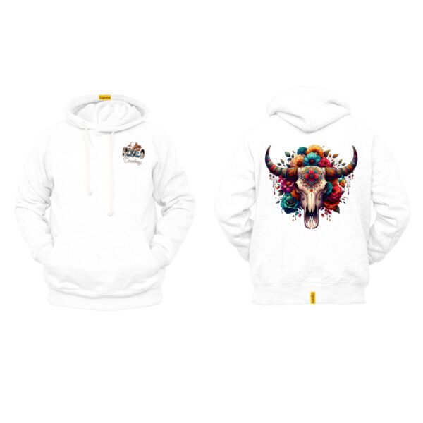 Ligosta Cowboy Collection Hoodie, Unisex Hoodie with Colorful Floral Skull and Bull Horns Design, Style 058 - Image 3