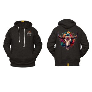 Ligosta Cowboy Collection Hoodie, Unisex Hoodie with Colorful Floral Skull and Bull Horns Design, Style 058