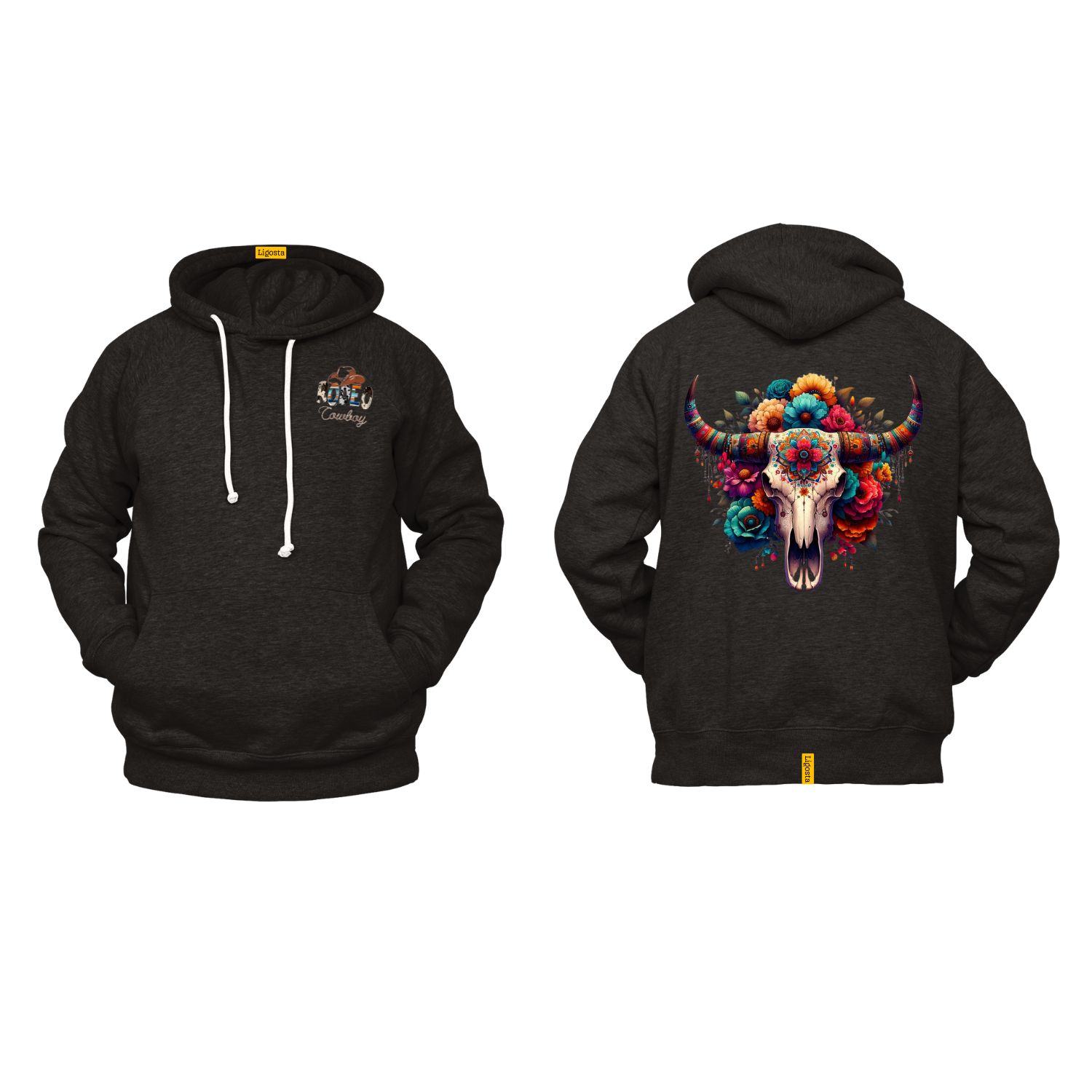 Ligosta Cowboy Collection Hoodie, Unisex Hoodie with Colorful Floral Skull and Bull Horns Design, Style 058
