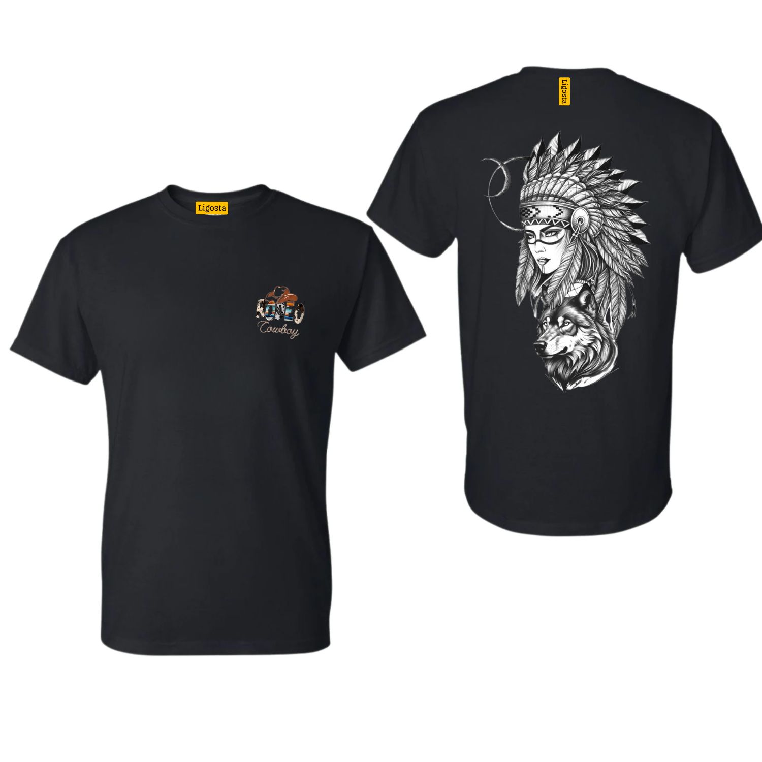 Ligosta Cowboy, Tribal Spirit Collection T-Shirt, Unisex T-Shirt Featuring Wolf and Tribal Woman Art, Free Spirits And Nature Lovers 085