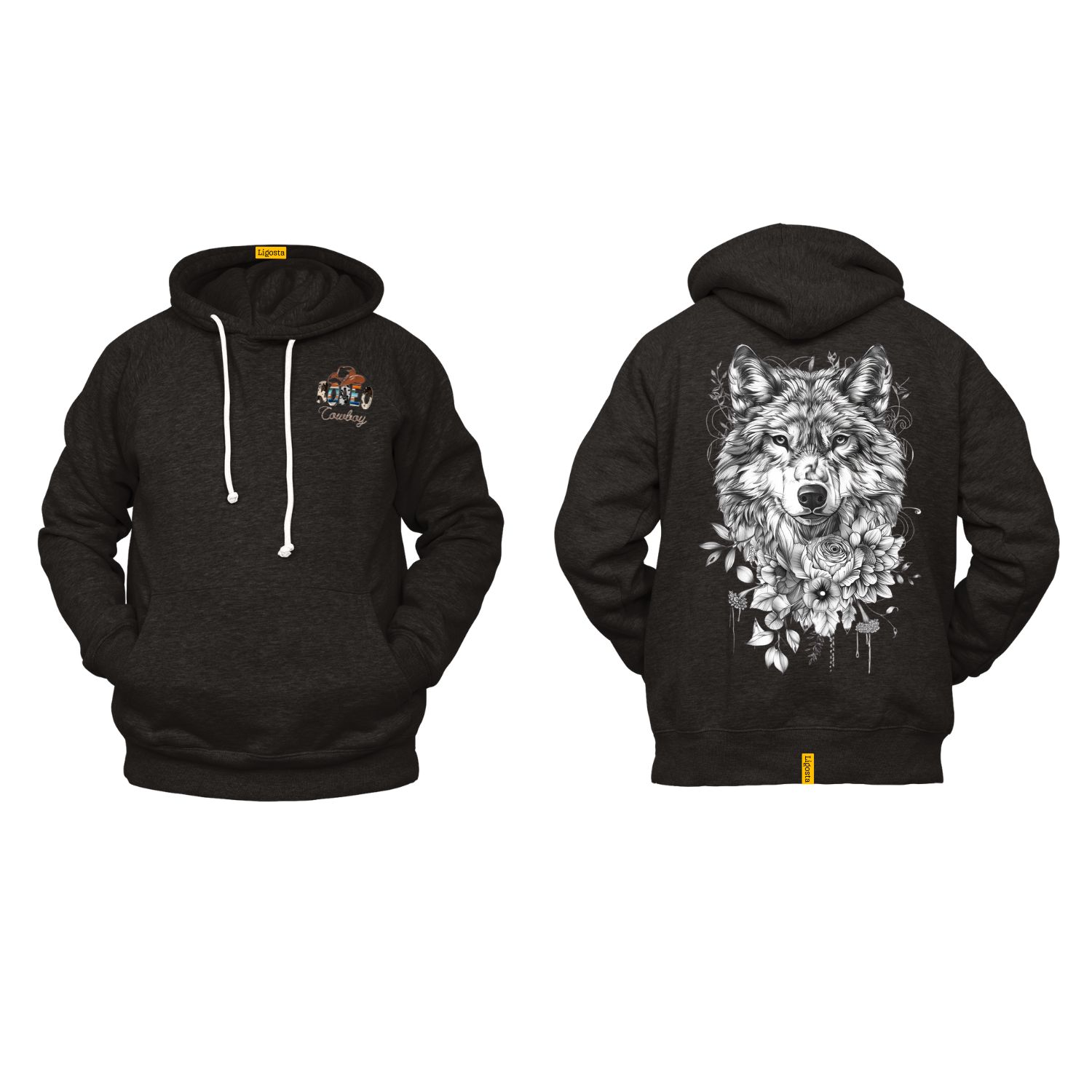 Ligosta Cowboy, Wild Soul Collection Hoodie, Unisex Hoodie Featuring Wolf and Floral Art, Nature Enthusiasts And Adventurers 086