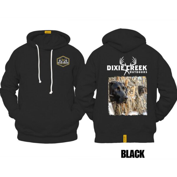 Ligosta Dixie Creek, Wildlife Collection Hoodie, Unisex Hoodie Featuring Black Lab Hunting Dog Design, Perfect For Outdoor Enthusiasts 017