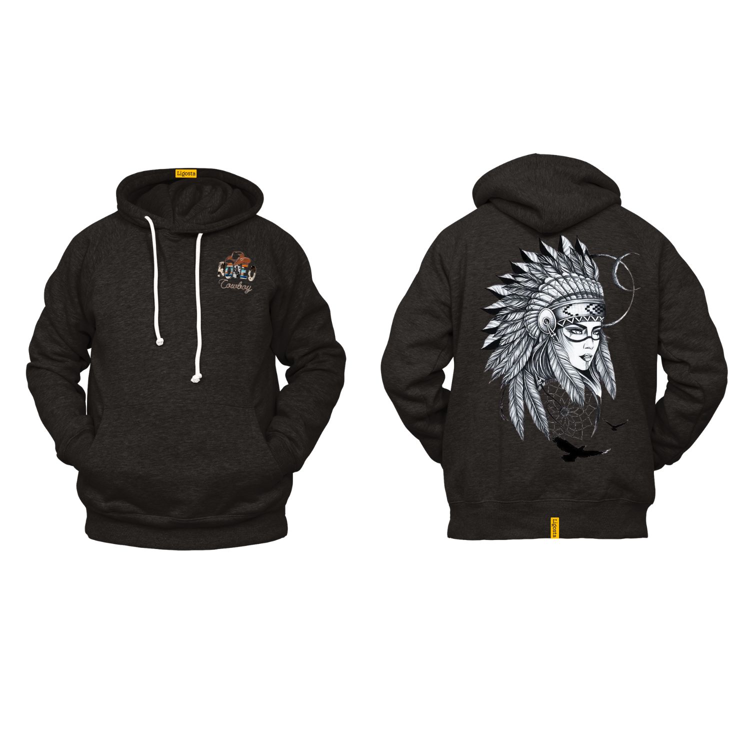 Ligosta Cowboy, Heritage Collection Hoodie, Unisex Hoodie Featuring Tribal Woman With Headdress And Dreamcatcher, Art Enthusiasts 090