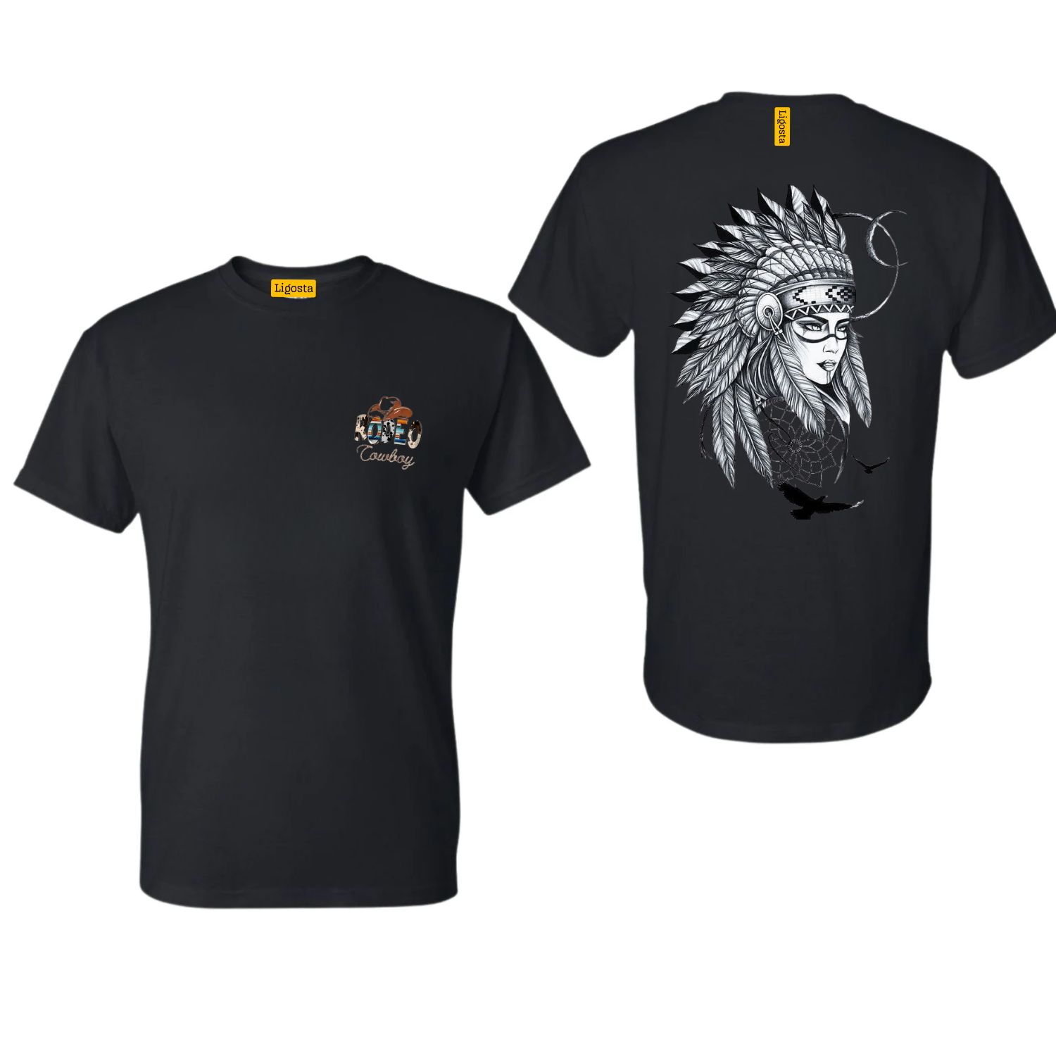 Ligosta Cowboy, Heritage Collection T-Shirt, Unisex T-Shirt Featuring Tribal Woman With Headdress And Dreamcatcher, Art Enthusiasts 090