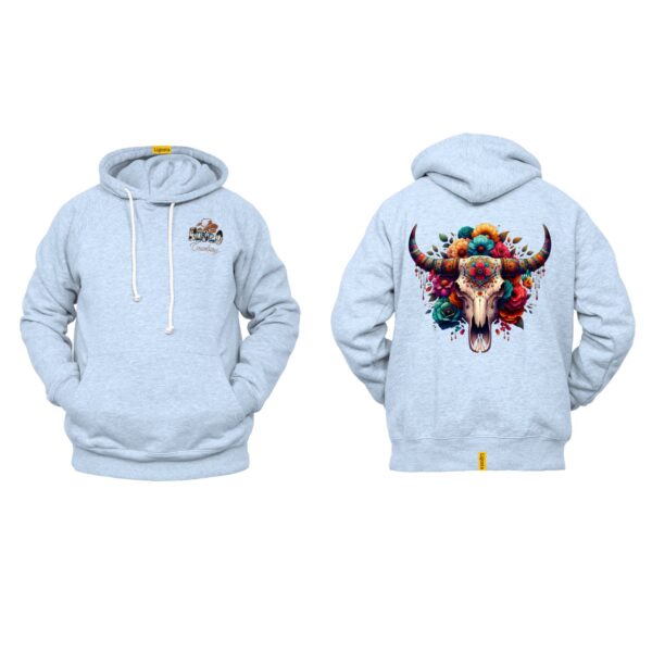 Ligosta Cowboy Collection Hoodie, Unisex Hoodie with Colorful Floral Skull and Bull Horns Design, Style 058 - Image 6