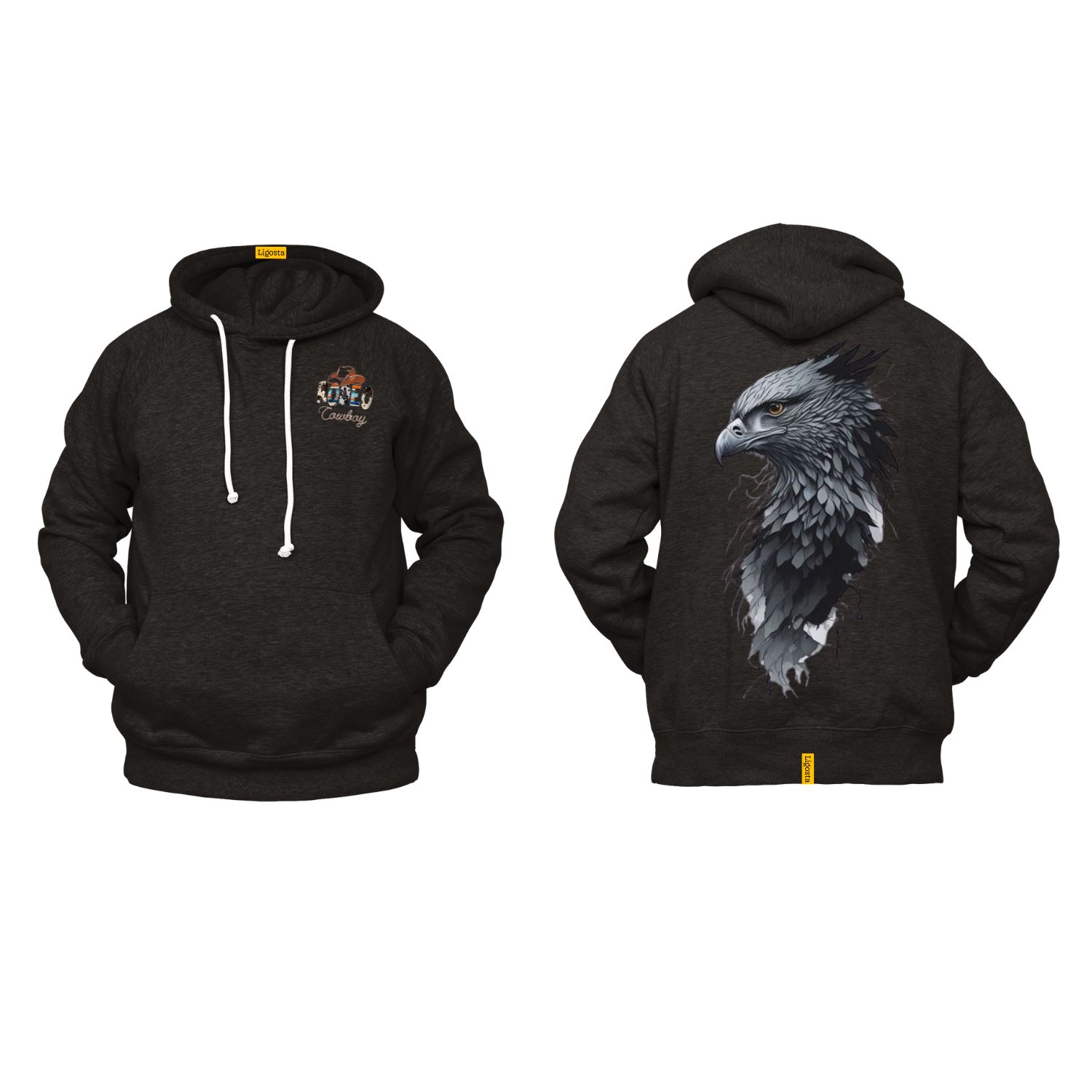 Ligosta Cowboy, Majestic Eagle Collection Hoodie, Unisex Hoodie Featuring Dark Feathered Eagle Design, Symbol of Freedom and Power 054