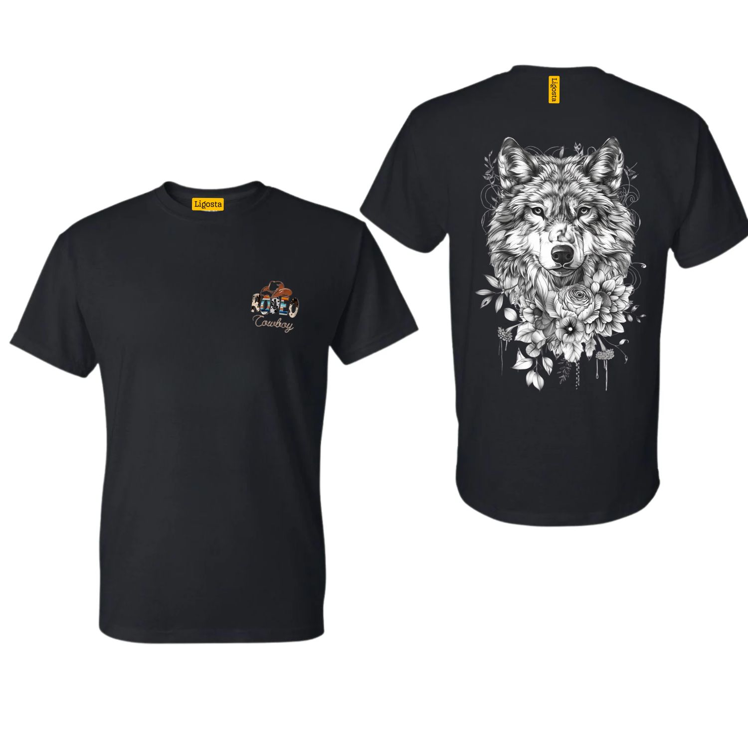 Ligosta Cowboy, Wild Soul Collection T-Shirt, Unisex T-Shirt Featuring Wolf and Floral Art, Nature Enthusiasts And Adventurers 086