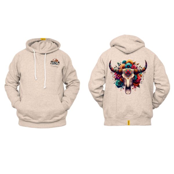 Ligosta Cowboy Collection Hoodie, Unisex Hoodie with Colorful Floral Skull and Bull Horns Design, Style 058 - Image 5