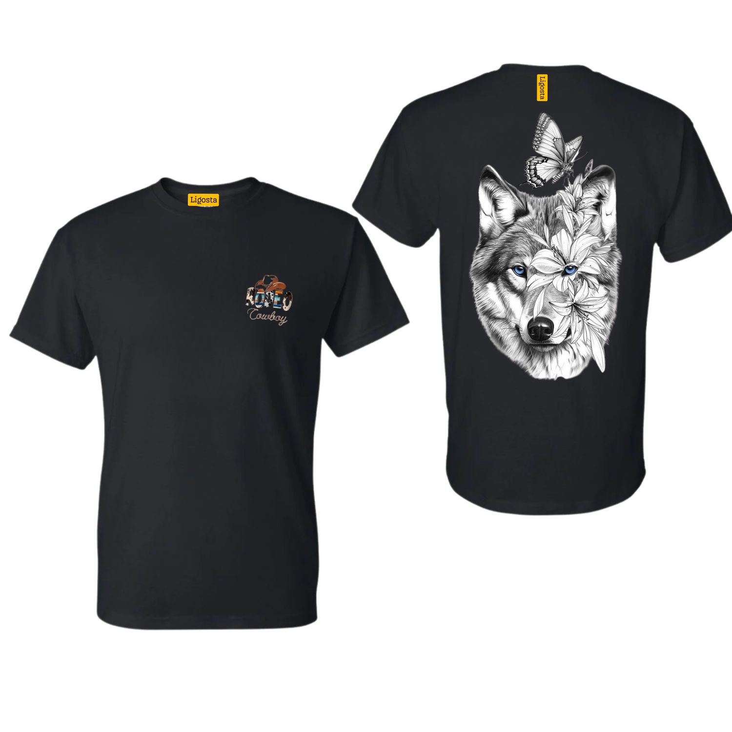 Ligosta Cowboy, Wild Harmony Collection T-Shirt, Unisex T-Shirt Featuring Wolf with Floral and Butterfly Design, Nature and Art Lovers 074