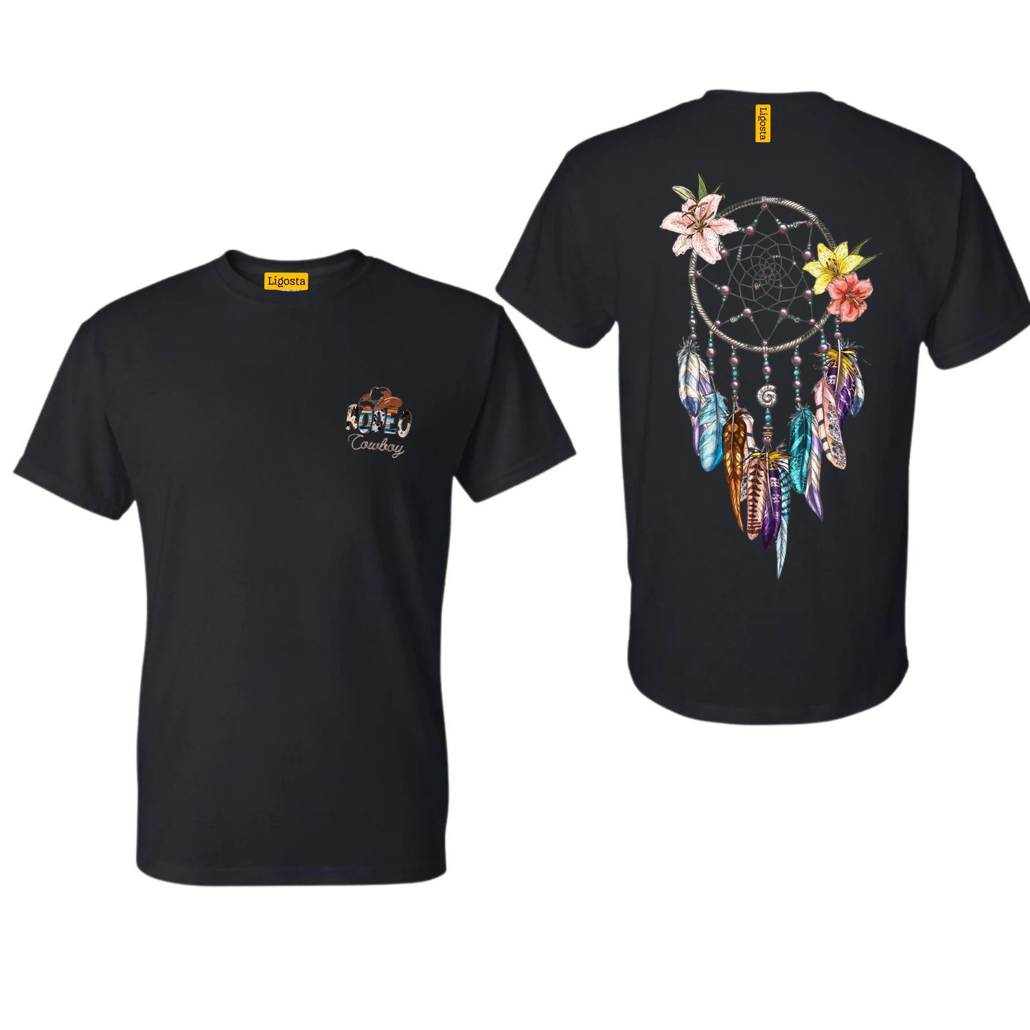 Ligosta Cowboy, Floral Dreamcatcher Collection T-Shirt, Unisex T-Shirt Featuring Dreamcatcher with Colorful Feathers & Flowers 103