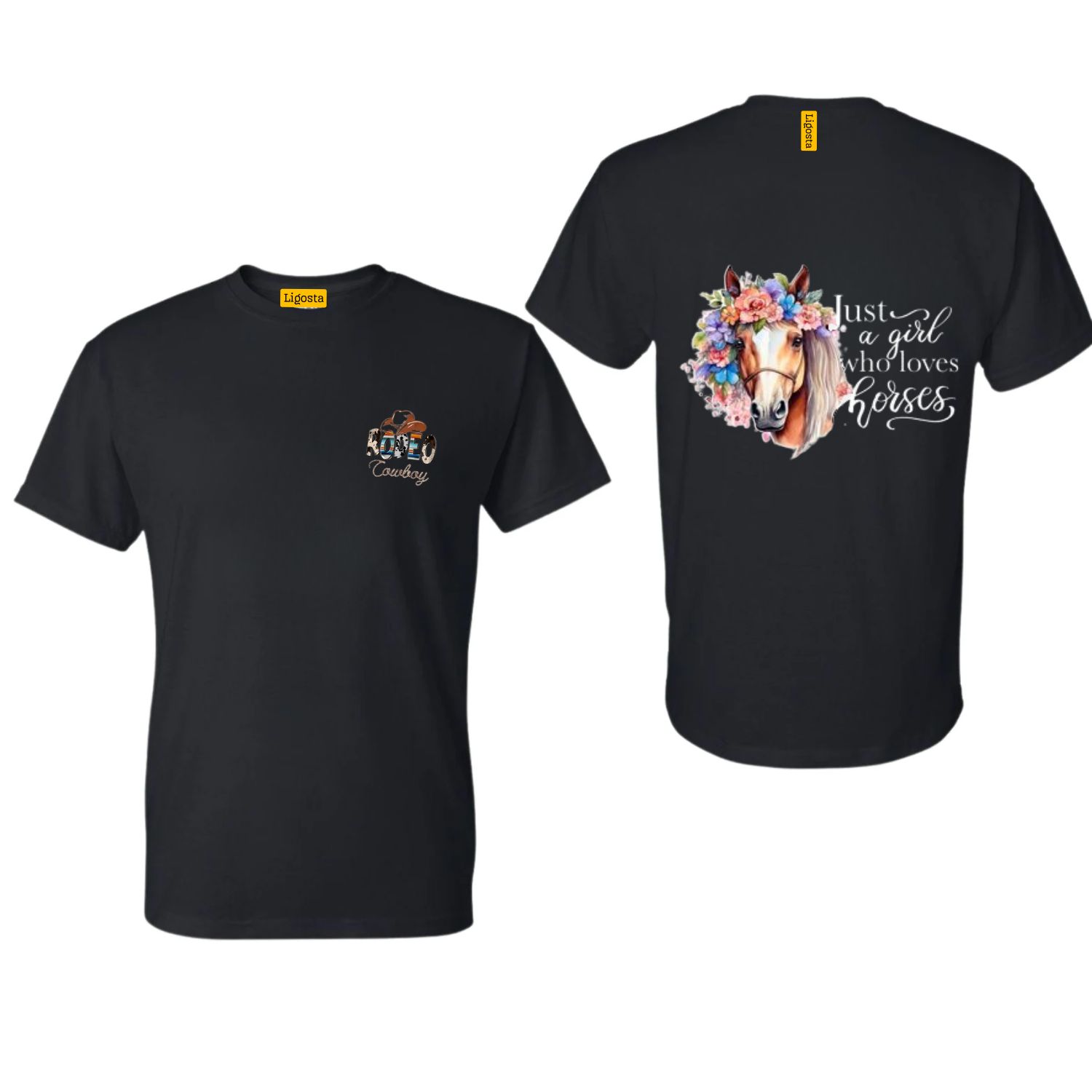 Ligosta Cowboy, Horse Lover Collection T-Shirt, Unisex T-Shirt with “Just a Girl Who Loves Horses” Quote and Horse with Floral Crown Design