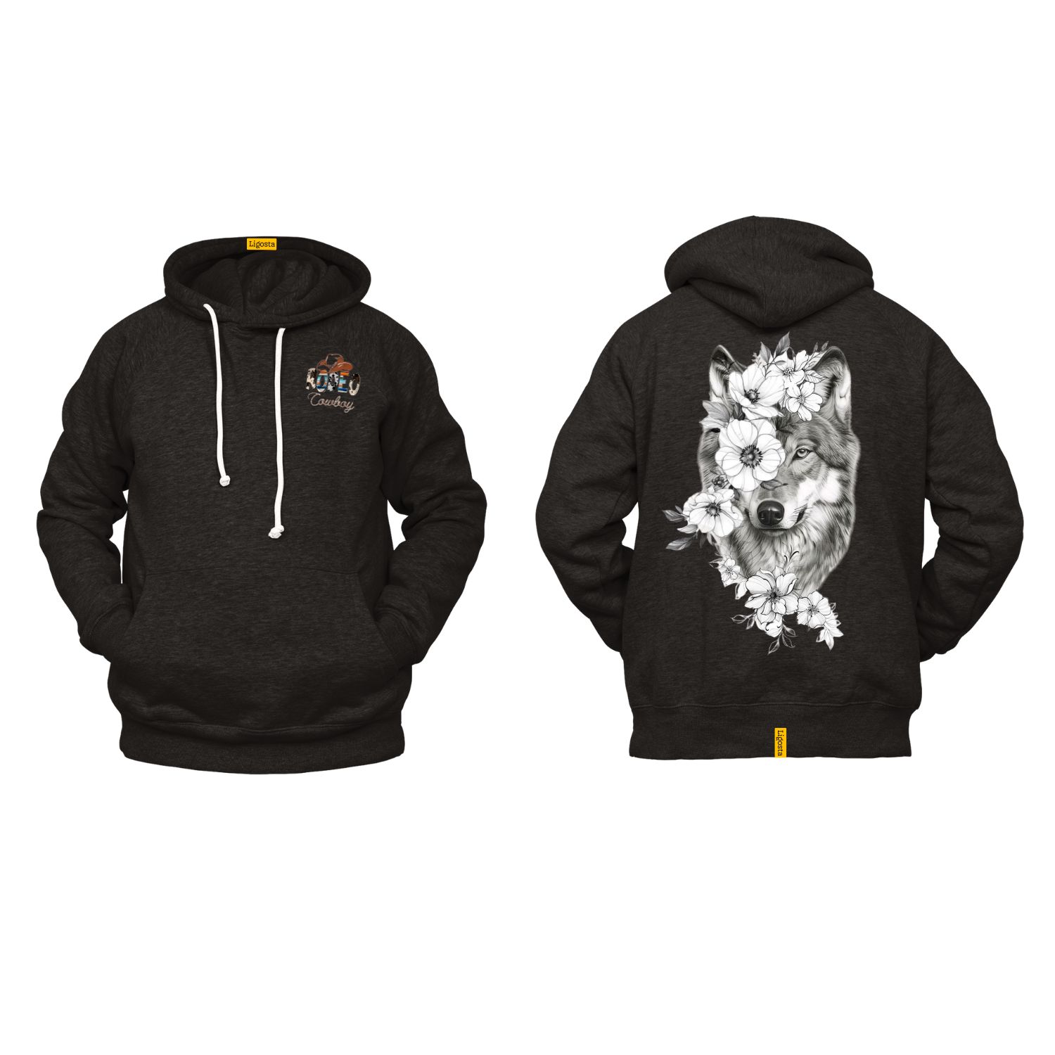 Ligosta Cowboy, Wild Harmony Collection Hoodie, Unisex Hoodie Featuring Wolf and Floral Design, Perfect For Nature Lovers and Free Spirits