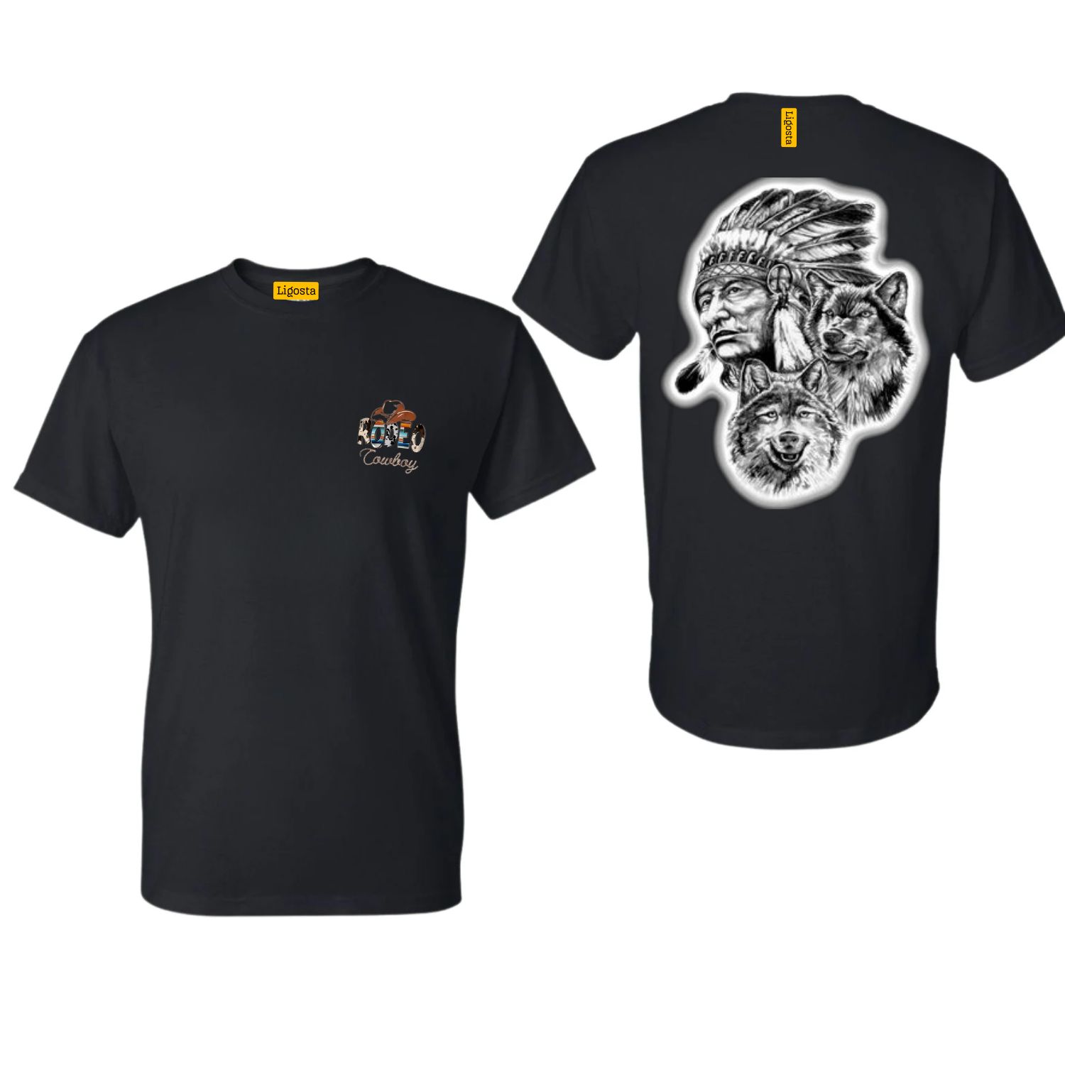 Ligosta Cowboy, Tribal Heritage Collection T-Shirt, Unisex T-Shirt Featuring Chief and Wolf Spirit Design, Nature Lovers and Free Spirits