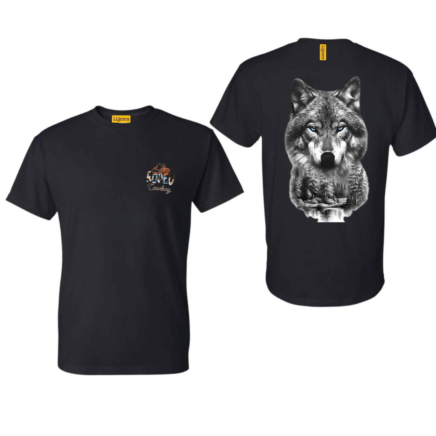 Ligosta Cowboy, Heritage Collection T-Shirt, Unisex T-Shirt Featuring Wolf’s Face With A Forest And A Full Moon 2 Design 095