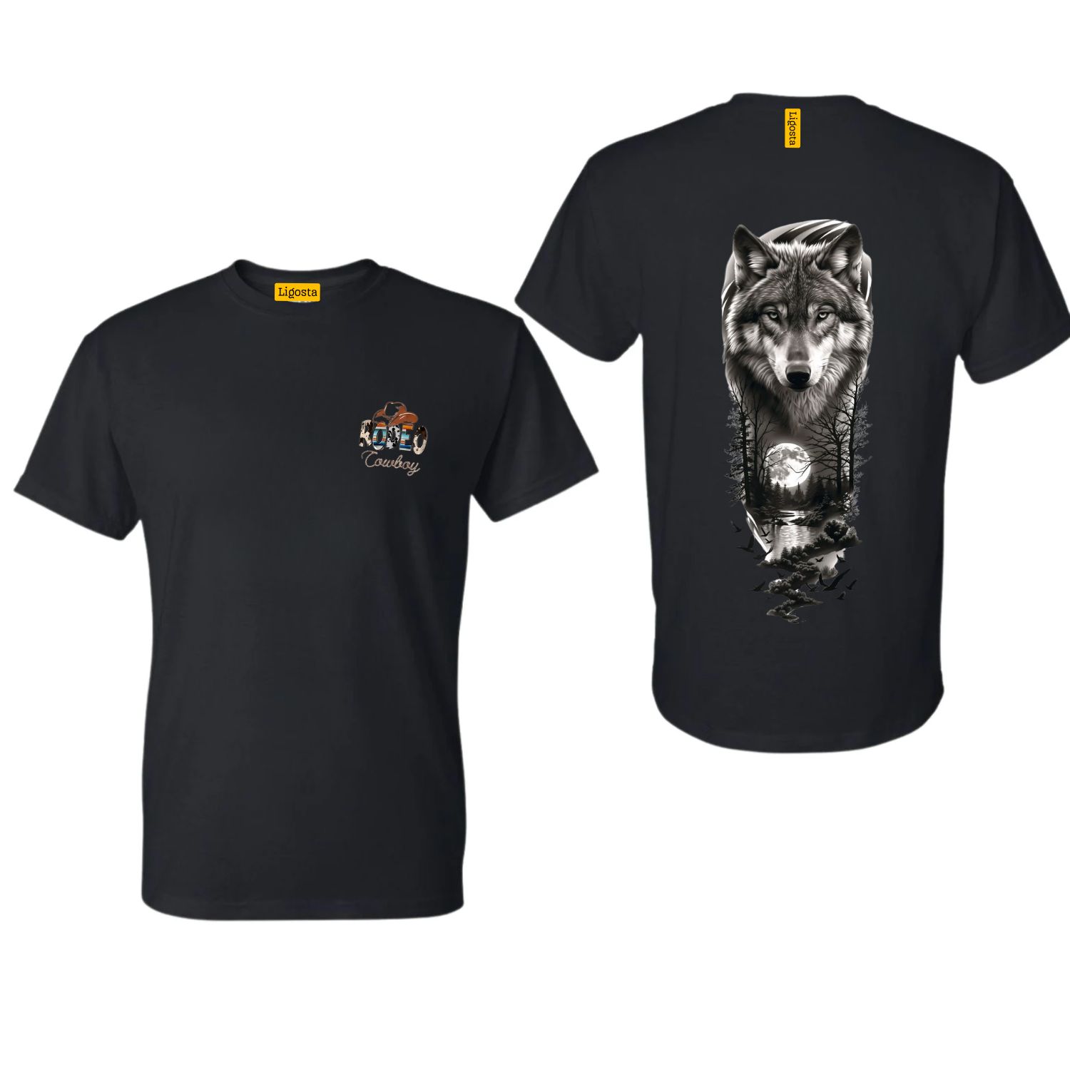 Ligosta Cowboy, Heritage Collection T-Shirt, Unisex T-Shirt Featuring Wolf’s Face With A Forest And A Full Moon Design 094