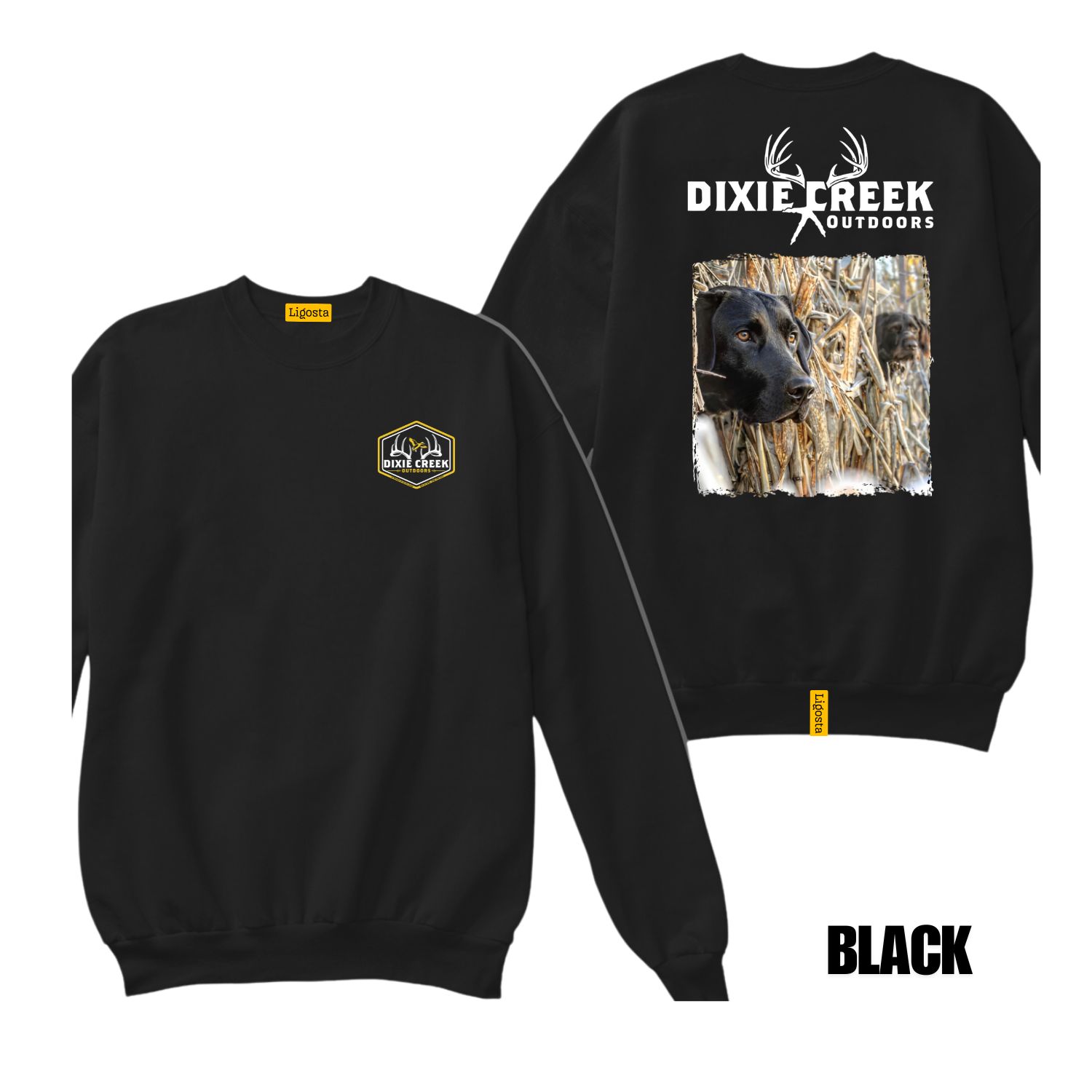 Ligosta Dixie Creek, Wildlife Collection Sweatshirt, Unisex Sweatshirt Featuring Black Lab Hunting Dog Design, Outdoor Enthusiasts 017